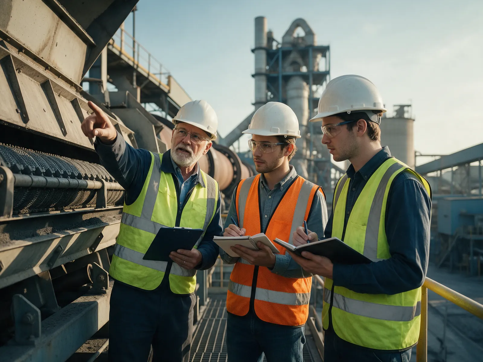 Senior engineer mentoring two graduate engineers at a cement plant