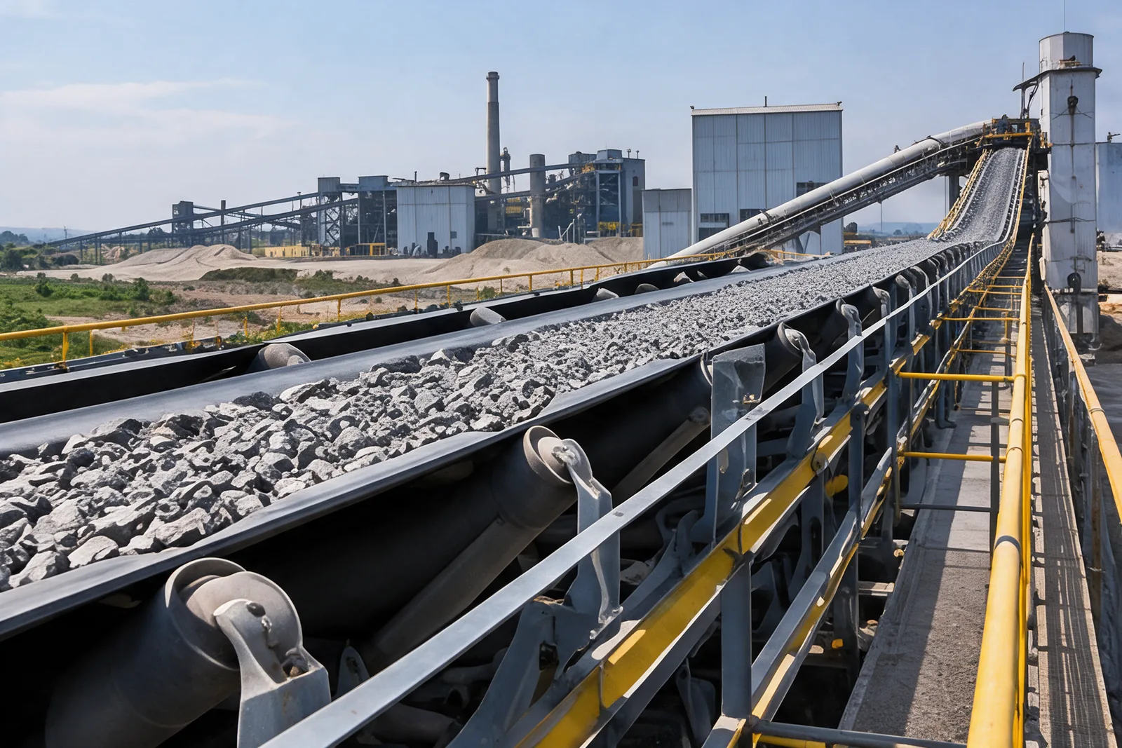 Enclosed belt conveyor gallery on steel trestles leading to a cement plant