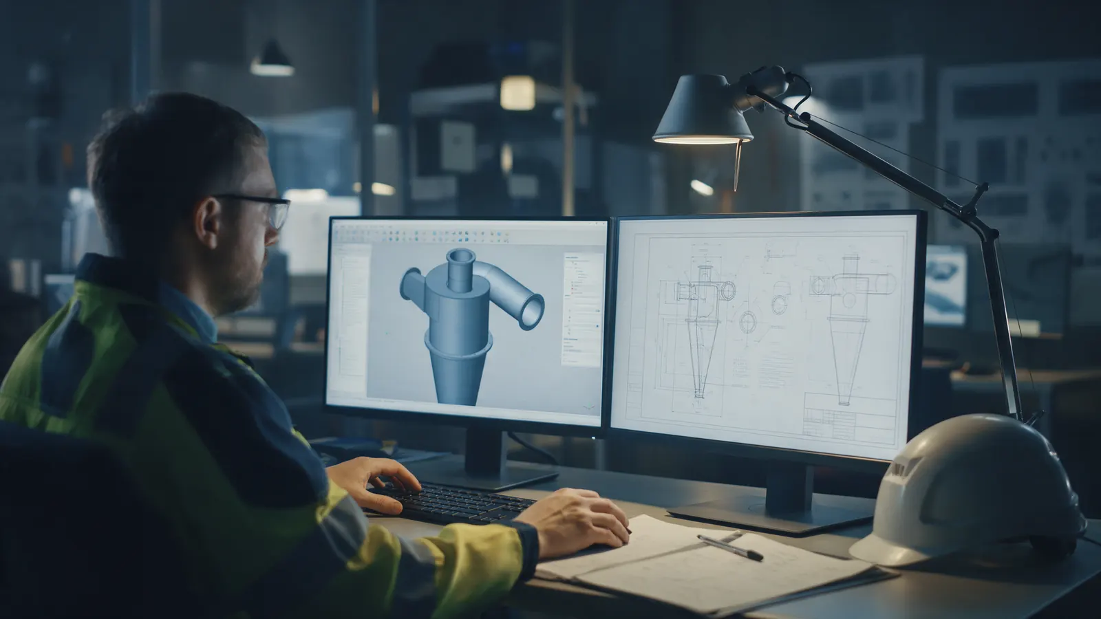 Engineer reviewing a 3D cyclone model and drawing on screen
