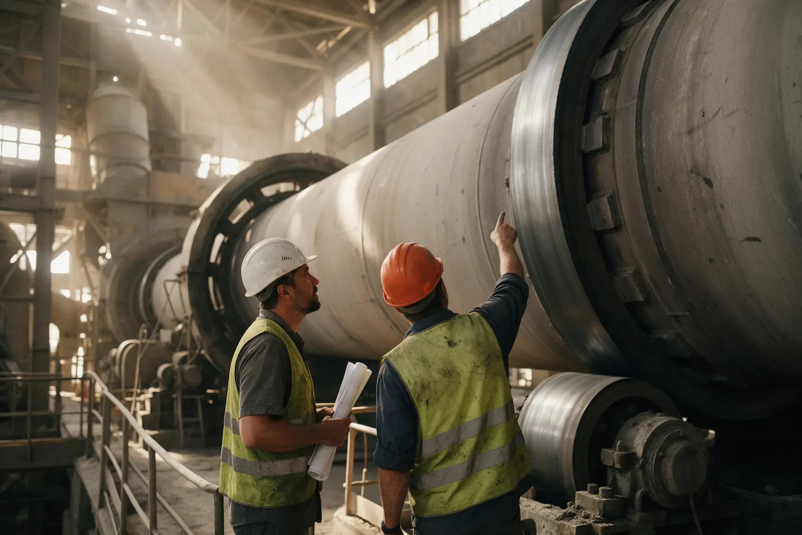 ETR engineers reviewing drawings beside a rotary kiln