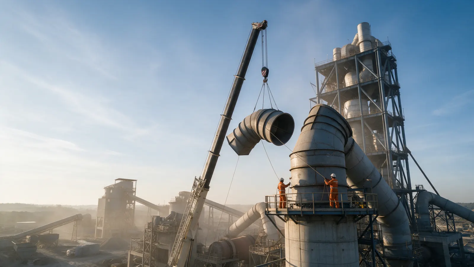 Crane lifting a steel duct section onto a preheater structure