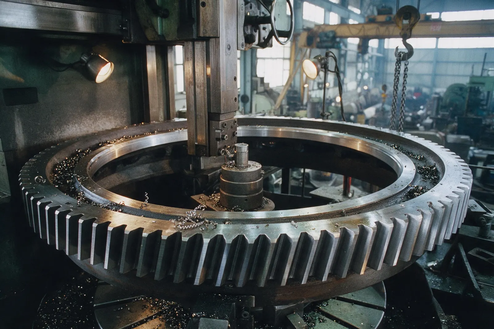 Large girth gear being machined on a vertical boring mill