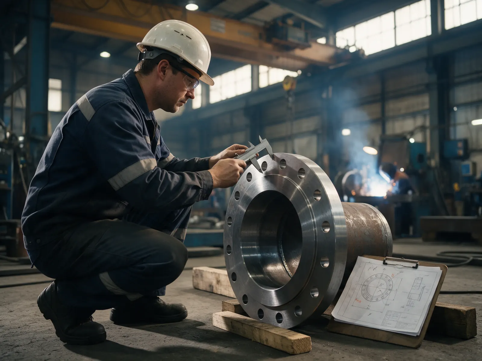Inspector measuring a machined flange with a vernier caliper before despatch