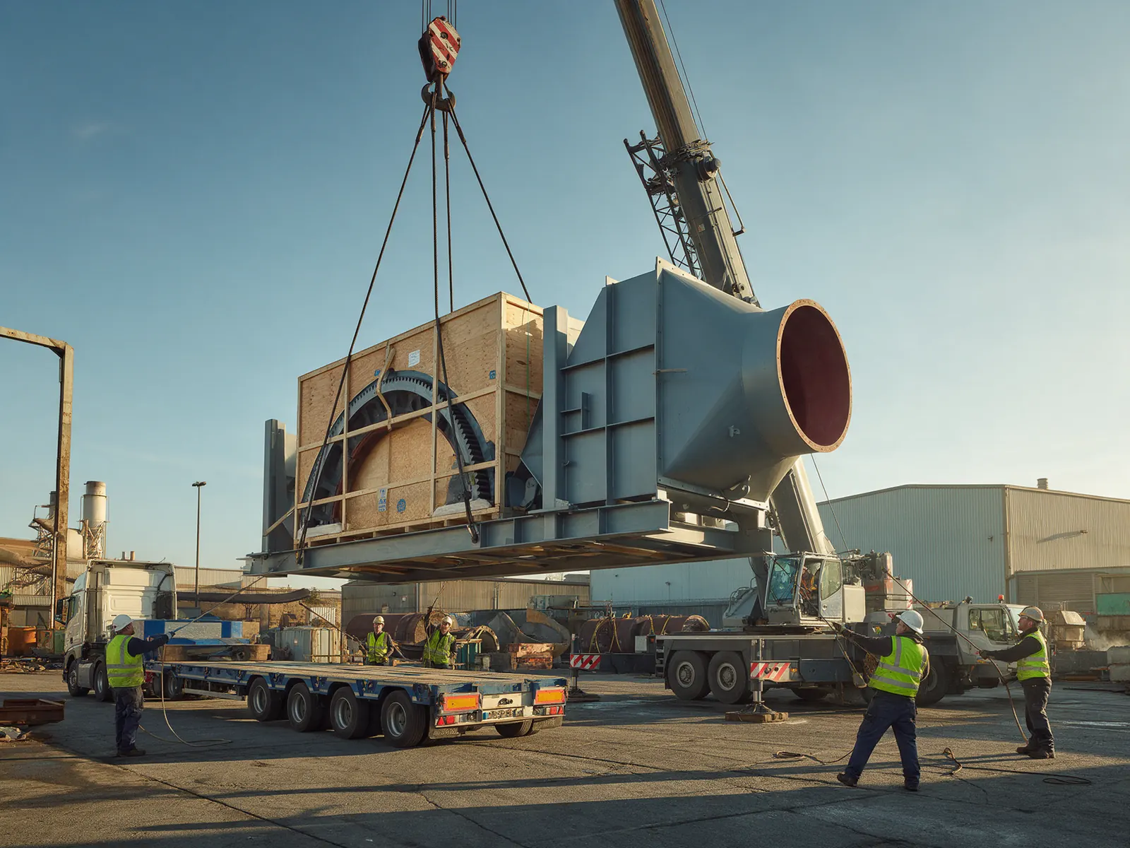 Crated component being loaded onto a trailer for shipment