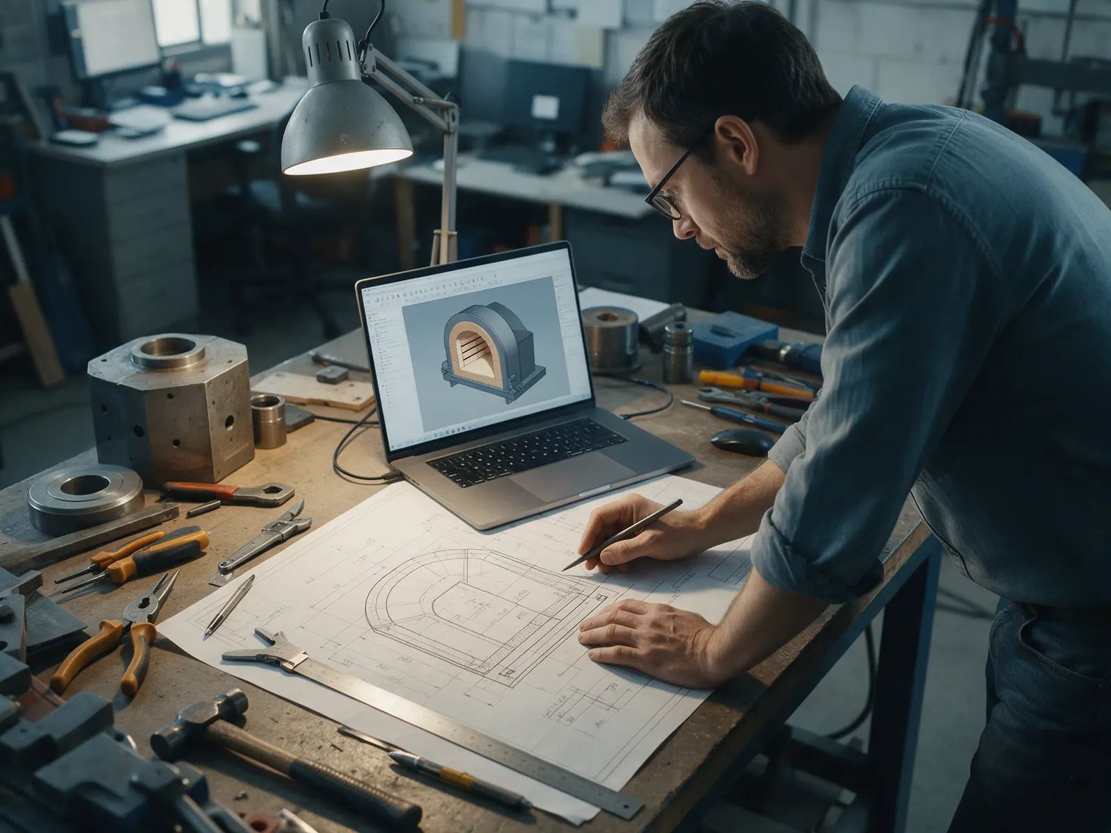Design engineer checking a reverse-engineered part drawing against its 3D model