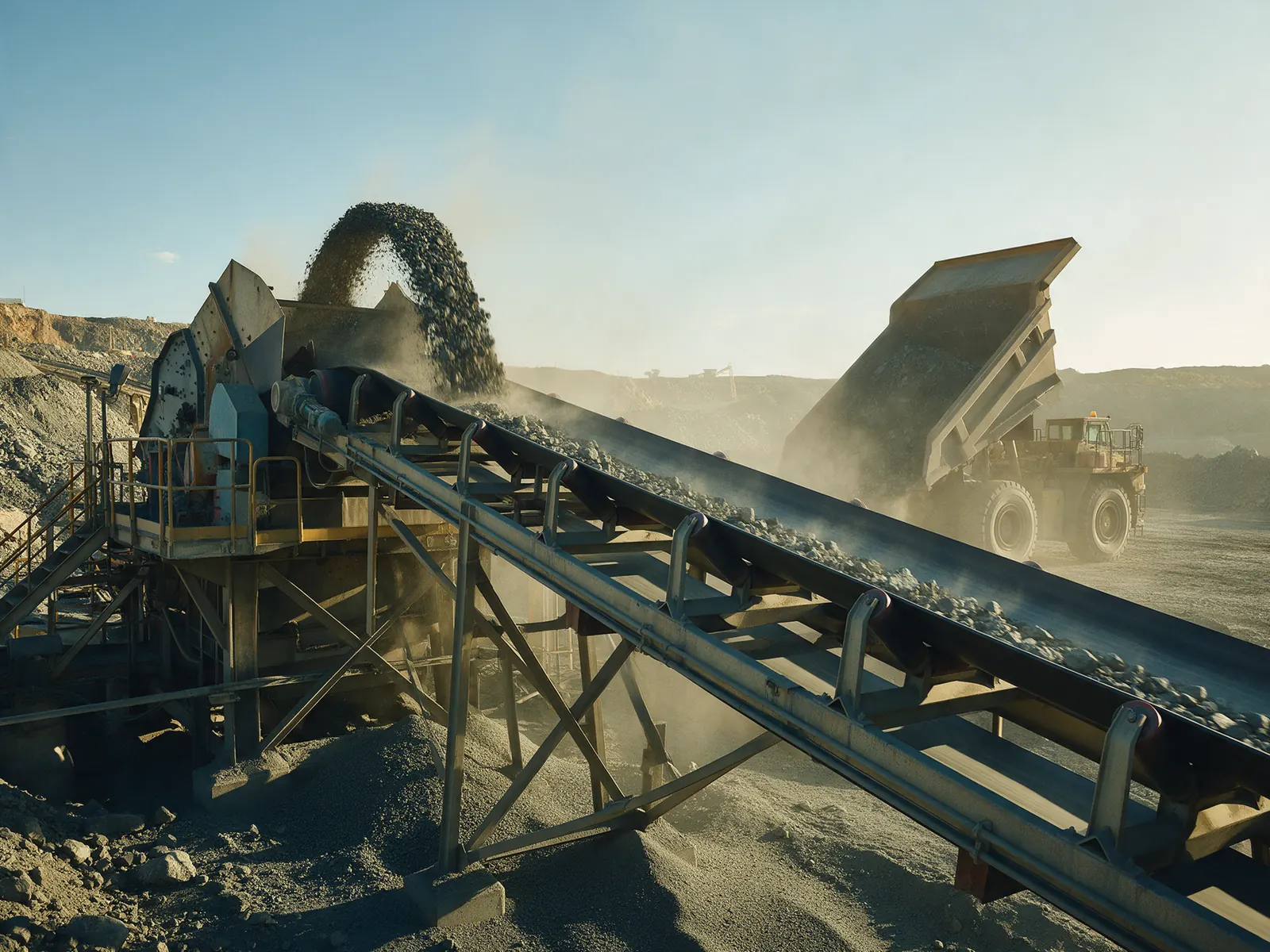 Primary crusher feeding ore onto a conveyor at a mine
