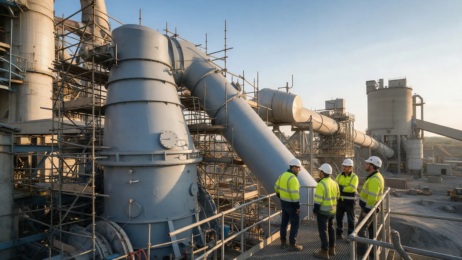Commissioning team beside a newly installed calciner and tertiary air duct