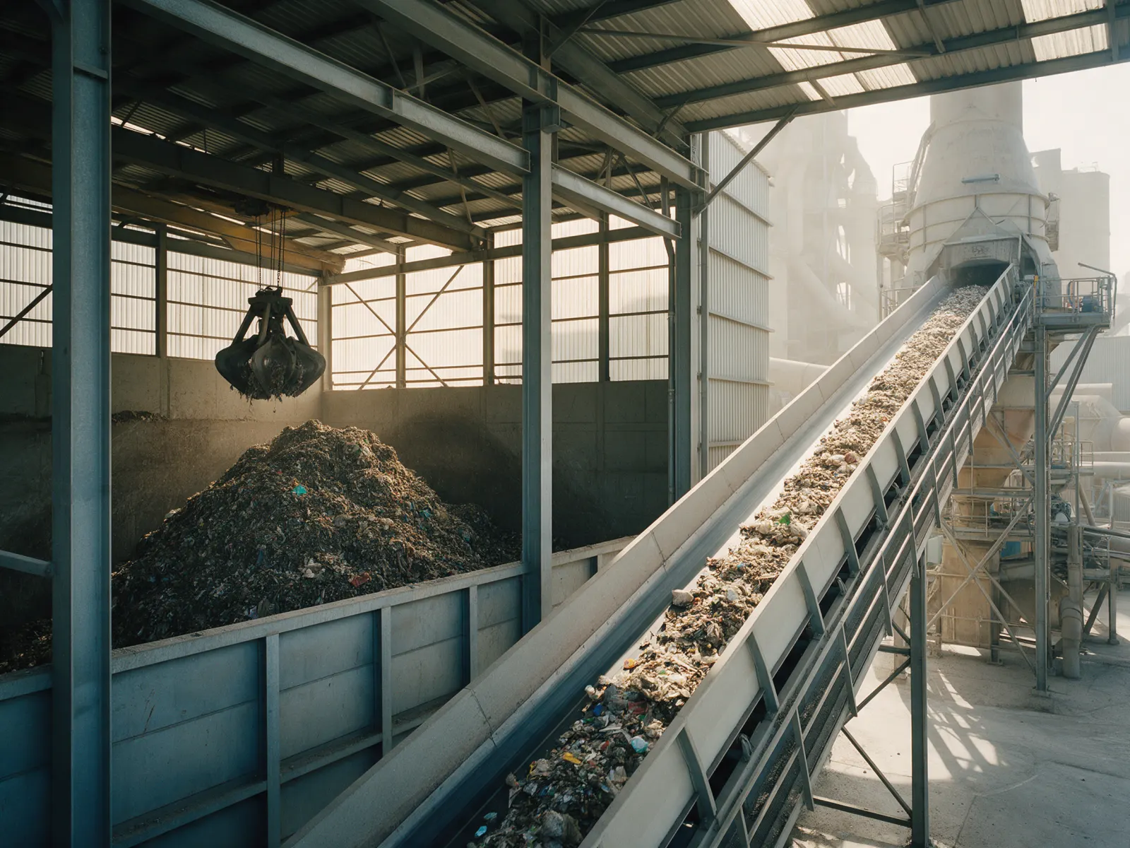 Shredded alternative fuel on a conveyor to the calciner