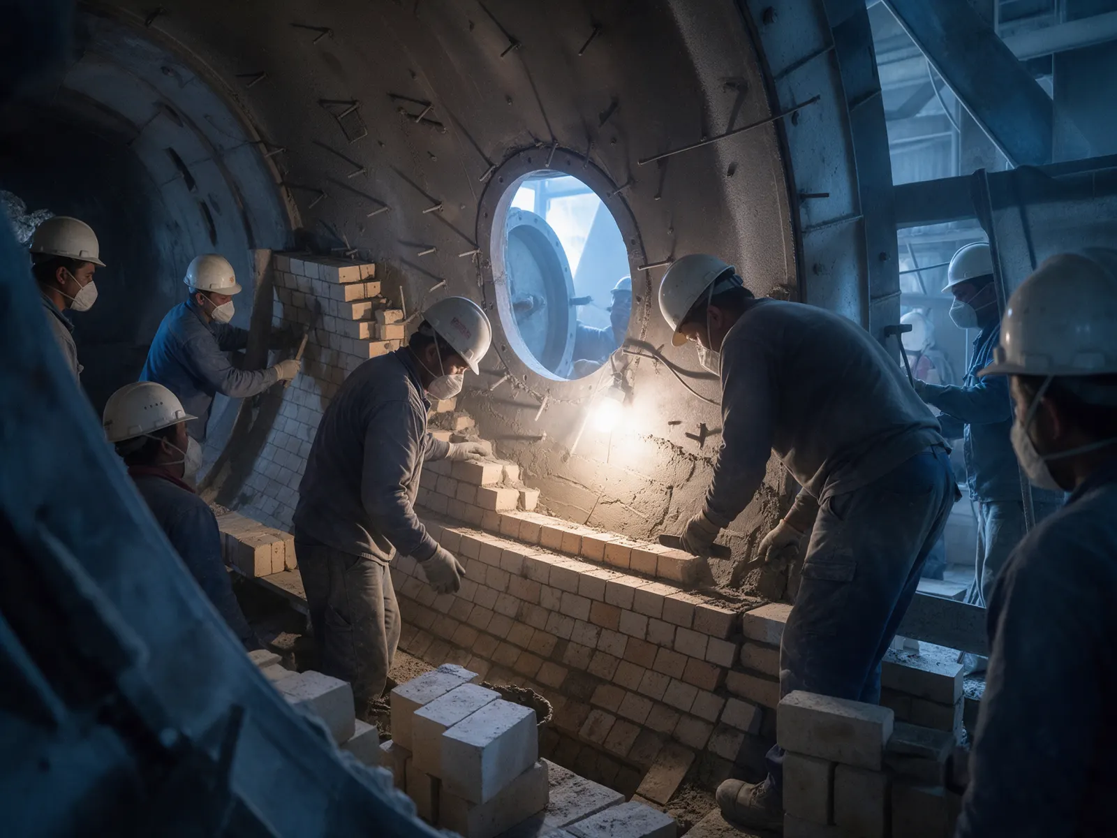 Refractory lining being installed inside a cement plant vessel