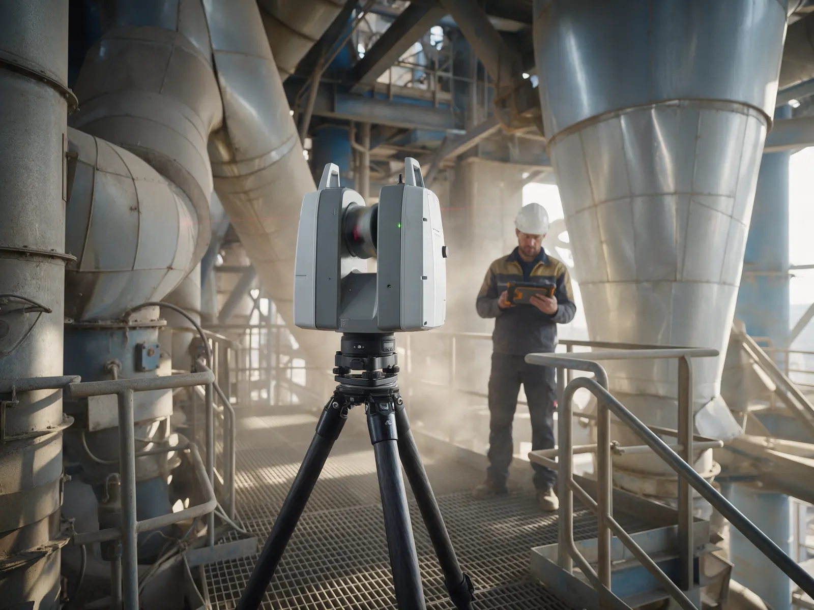 3D laser scanner on a tripod capturing a preheater platform