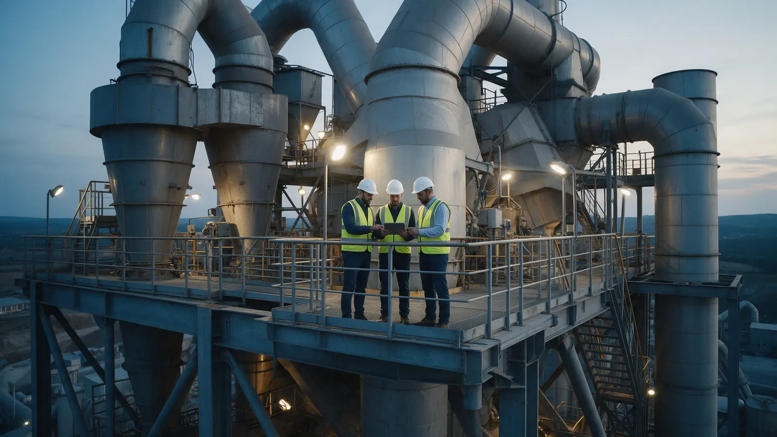 Engineers reviewing an upgrade on a preheater platform