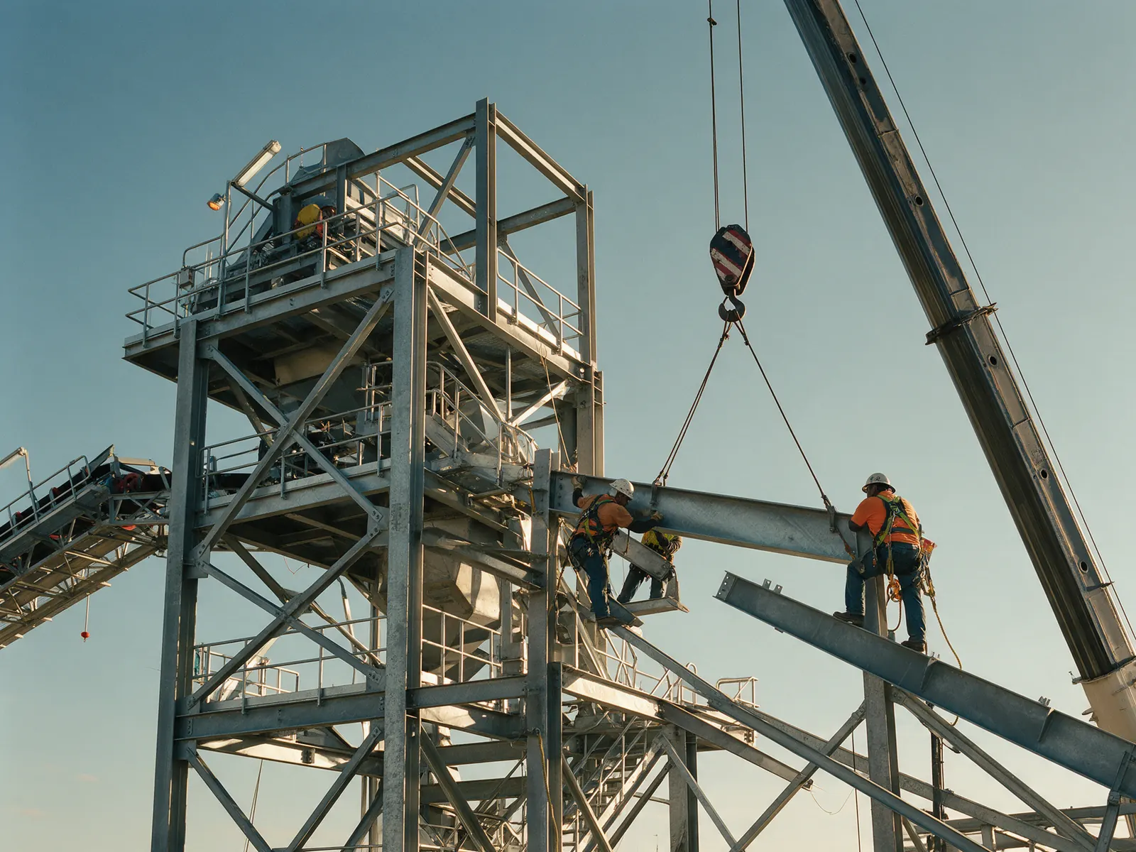 Steel erectors bolting a beam onto a transfer tower