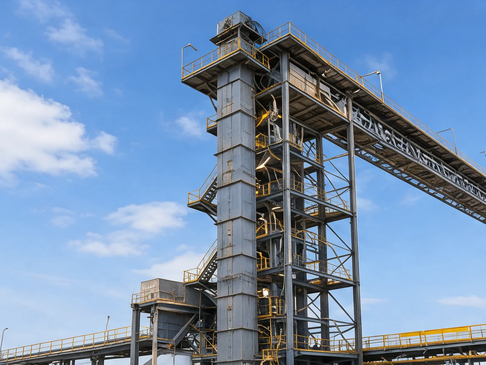 Bucket elevator and belt conveyors feeding a vertical roller mill building